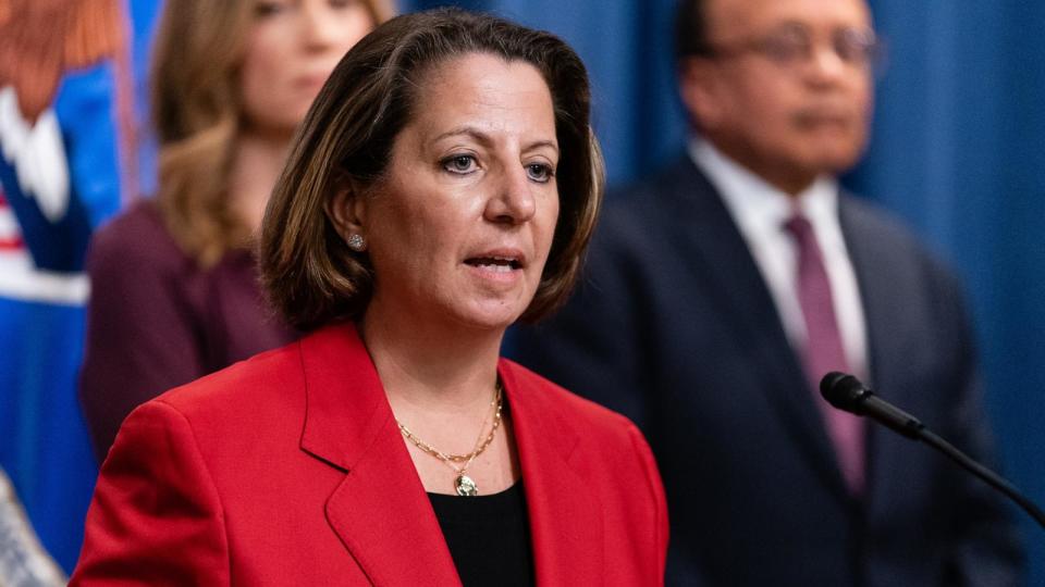 PHOTO: In this April 14, 2023, file photo, Lisa Monaco, deputy US attorney general, speaks during a news conference at the Department of Justice, in Washington, D.C. (Bloomberg via Getty Images, FILE)